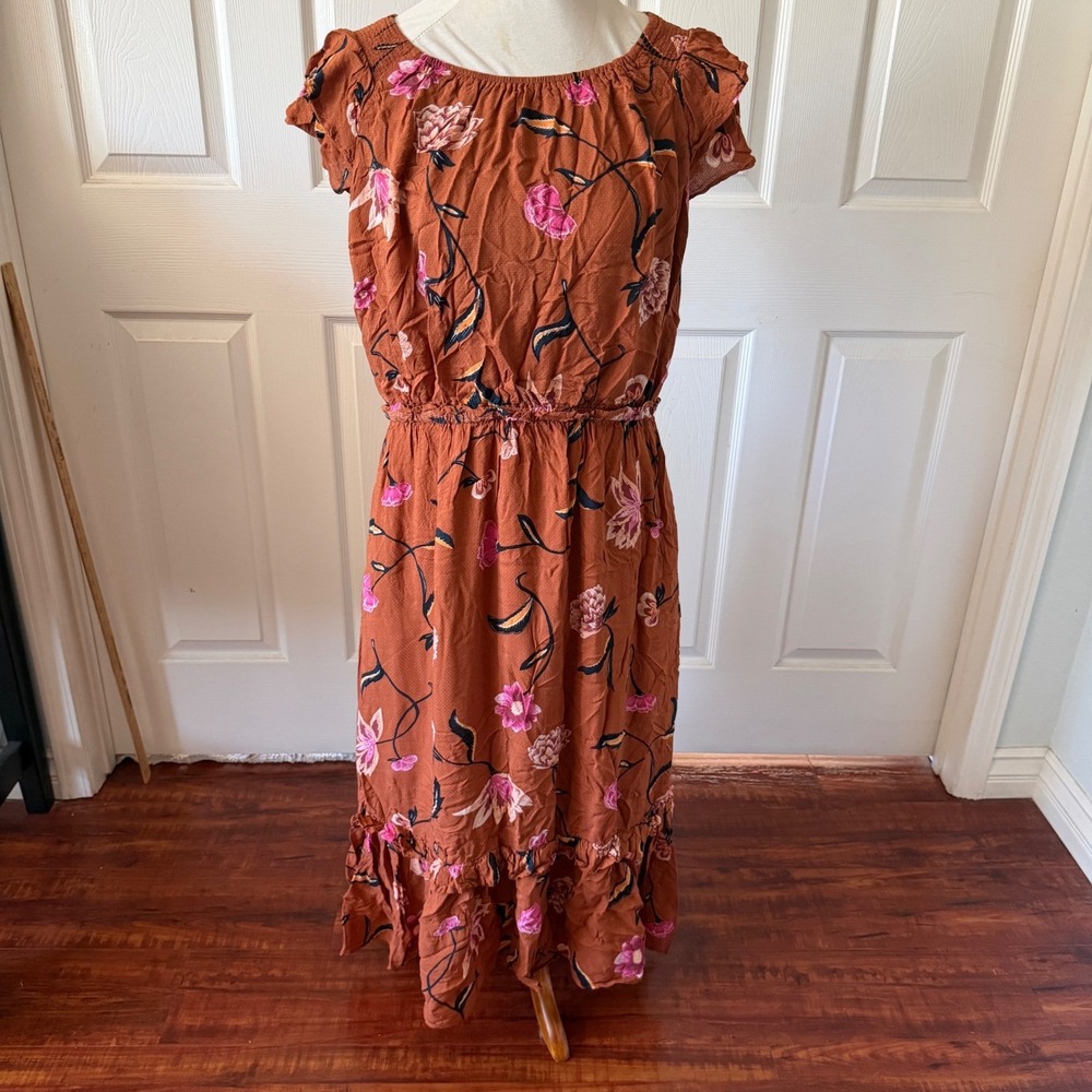 Universal Thread XL Brown Floral Boho Midi Dress Smocked Flutter Sleeve Ruffle